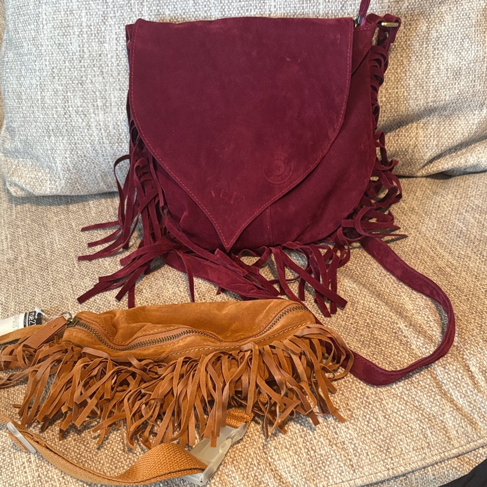 Bundle of Rue21 Fringe Burgundy Crossbody and Tan Belt bag